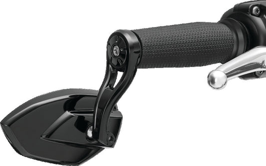 Kuryakyn Phantom Bar End Mirror in gloss black, modern minimalist motorcycle rearview mirror mounted on bike handlebar.