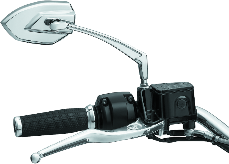 Chrome Kuryakyn Phantom Mirrors with custom angular design for powersports vehicles, mounted on motorcycle handlebars.