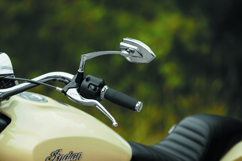 Chrome Kuryakyn Phantom Mirrors with custom angular design for powersports vehicles, showcasing sleek reflective surfaces and mounting bases.
