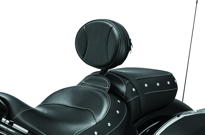 Kuryakyn Plug-N-Go driver backrest with black leather pad and steel mounting bracket for Indian motorcycles.