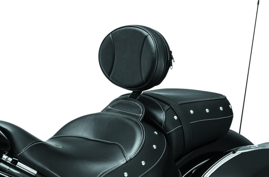 Kuryakyn Plug-N-Go driver backrest with black leather pad and steel mounting bracket for Indian motorcycles.