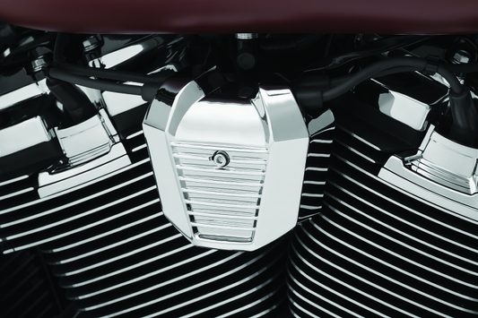 Chrome Kuryakyn Precision Coil Cover for Harley-Davidson Softail models, part #6466, showcasing shiny chrome finish and detailed design.