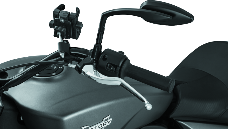 Kuryakyn raised mirror mount adapters in gloss black for Indian, Victory, and metric motorcycle models.
