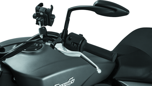 Kuryakyn raised mirror mount adapters in gloss black for Indian, Victory, and metric motorcycle models.