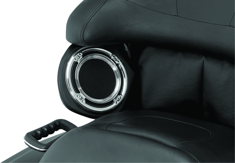 Kuryakyn Rear Speaker Accents for Harley-Davidson in chrome, designed to enhance motorcycle audio area with stylish detail.