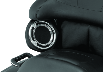 Kuryakyn Rear Speaker Accents for Harley-Davidson in chrome, designed to enhance motorcycle audio area with stylish detail.