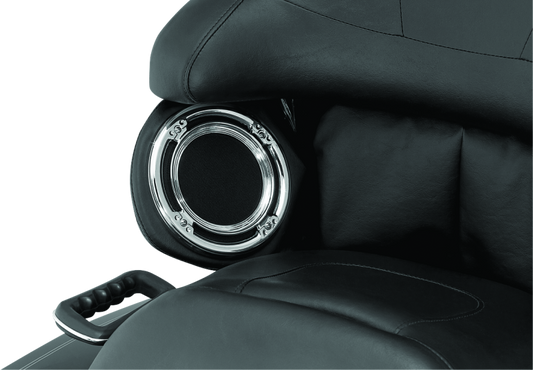 Kuryakyn Rear Speaker Accents for Harley-Davidson in chrome, designed to enhance motorcycle audio area with stylish detail.