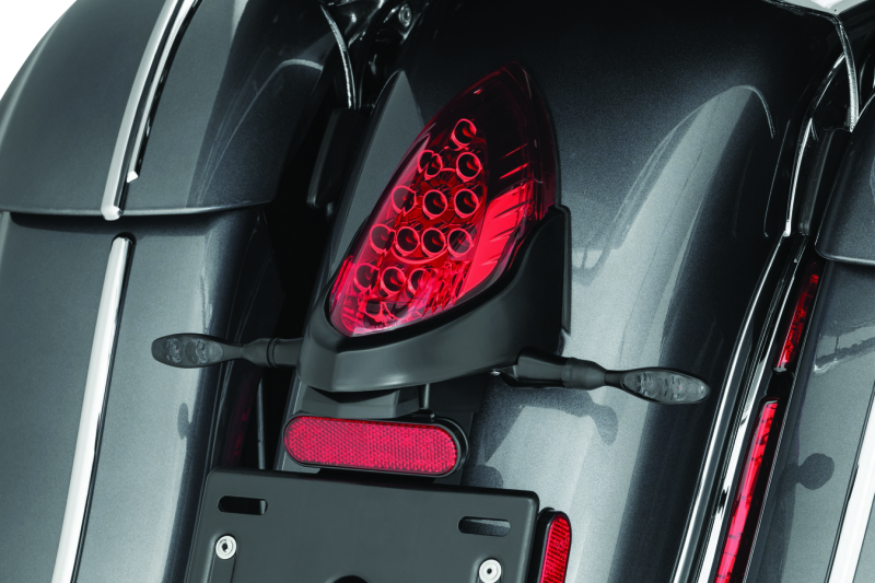 Kuryakyn rear turn signal and license plate mount for Indian motorcycles, part 3129, shown installed on the bike.