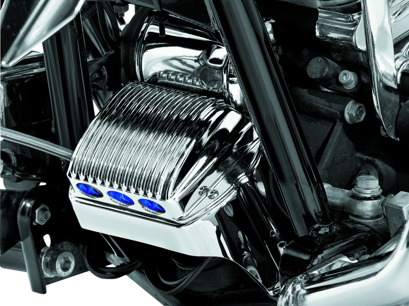 Chrome Kuryakyn Regulator Cover for Harley Davidson 97-11 Touring models, featuring sleek chrome finish and detailed design.