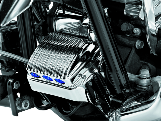 Chrome Kuryakyn Regulator Cover for Harley Davidson 97-11 Touring models, featuring sleek chrome finish and detailed design.