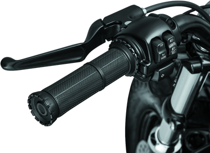 Kuryakyn Riot Grips Dual Cable Satin Black for 1-inch handlebars, featuring ergonomic design and textured surface for motorcycle control.