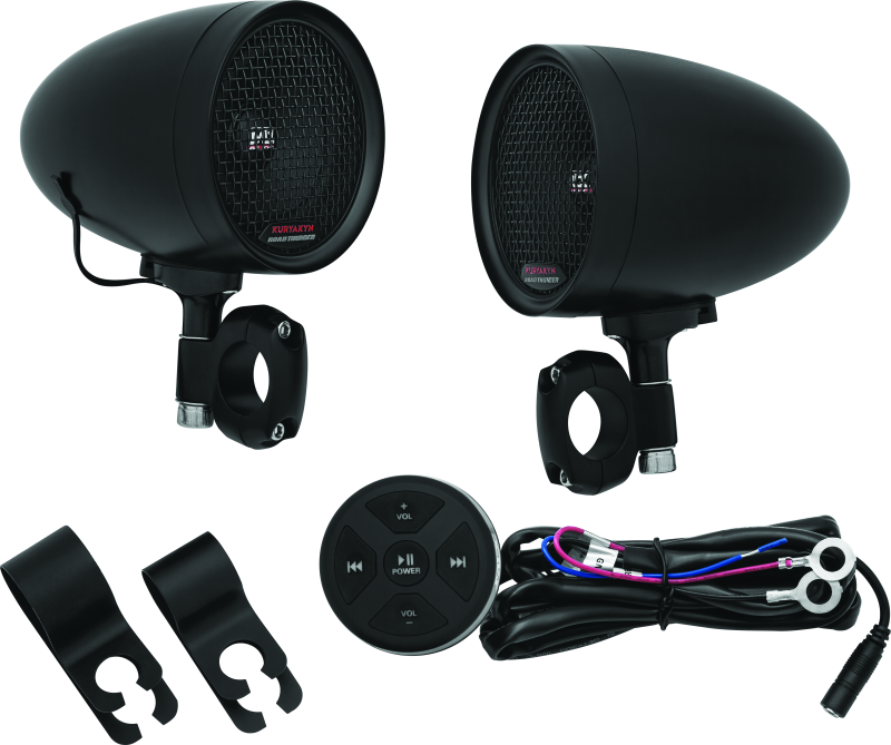 Kuryakyn Road Thunder speaker pods with Bluetooth audio controller by MTX, featuring sleek design and control interface.
