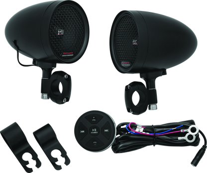Kuryakyn Road Thunder speaker pods with Bluetooth audio controller by MTX, featuring sleek design and control interface.