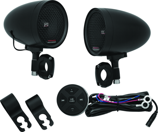 Kuryakyn Road Thunder speaker pods with Bluetooth audio controller by MTX, featuring sleek design and control interface.