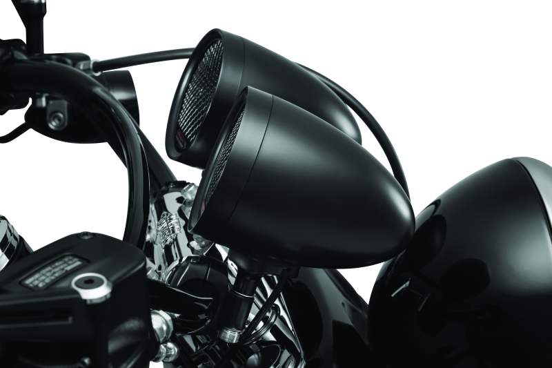 Kuryakyn Road Thunder Speaker Pods with Bluetooth audio controller by MTX, featuring sleek design and control buttons.