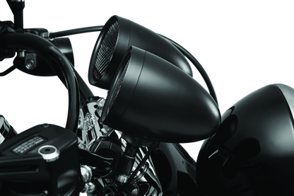 Kuryakyn Road Thunder Speaker Pods with Bluetooth audio controller by MTX, featuring sleek design and control buttons.