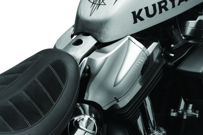 Kuryakyn Saddle Shields XL Smoke for Harley Davidson Sportster models, close-up of smoked shield with mounting hardware