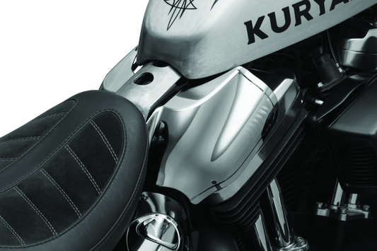 Kuryakyn Saddle Shields XL Smoke for Harley Davidson Sportster models, close-up of smoked shield with mounting hardware