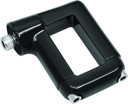 Black Kuryakyn side mount license plate clamp for Dyna motorcycle models, designed for secure and stylish plate mounting.