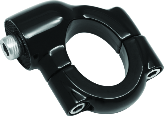 Kuryakyn Side Mount License Plate Holder Clamp in gloss black mounted on a Harley-Davidson Softail motorcycle.
