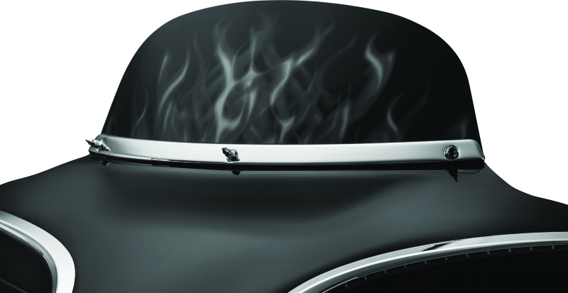 Kuryakyn Smooth Windshield Trim for Harley Davidson Touring models 96-13, close-up of chrome motorcycle windshield accessory