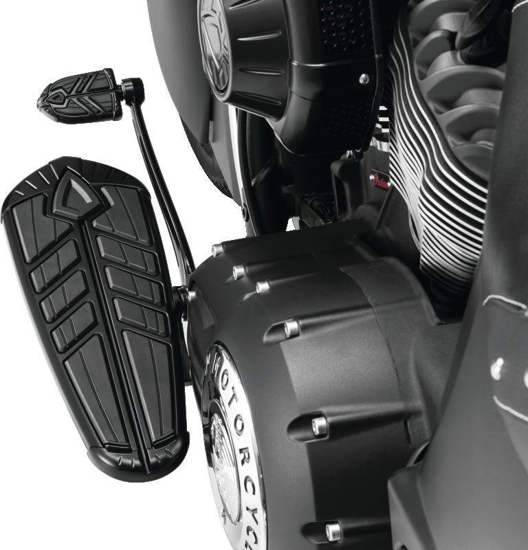 Kuryakyn Spear Driver Floorboard Inserts for Indian Motorcycles in satin black, part #5651, shown installed on motorcycle footboard