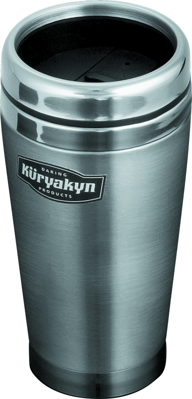 Kuryakyn stainless steel travel mug with black lid and handle, designed for hot and cold beverages on the go.