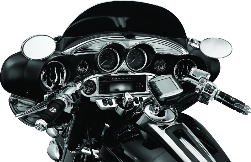 Kuryakyn chrome stereo accent for 1996-2013 Harley-Davidson FL Touring models, designed to enhance motorcycle audio system appearance.