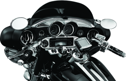 Kuryakyn chrome stereo accent for 1996-2013 Harley-Davidson FL Touring models, designed to enhance motorcycle audio system appearance.