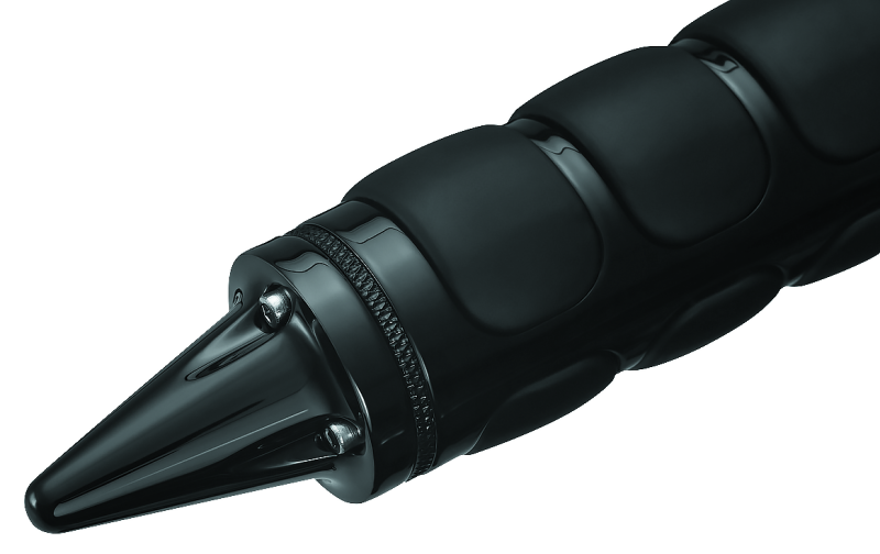 Pair of black Kuryakyn Stiletto End Caps for ISO and ISO-Flame motorcycle grips, designed to enhance grip appearance and comfort.