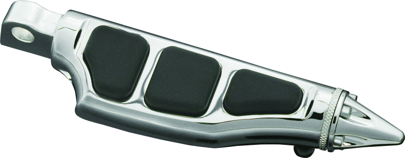Kuryakyn Stiletto Pegs with male mount in chrome for Harley Davidson and metric motorcycles, shown on motorcycle footrest.