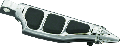 Kuryakyn Stiletto Pegs with male mount in chrome for Harley Davidson and metric motorcycles, shown on motorcycle footrest.