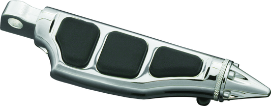 Kuryakyn Stiletto Pegs with male mount in chrome for Harley Davidson and metric motorcycles, shown on motorcycle footrest.