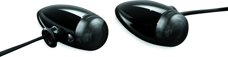 Kuryakyn Super Bright LED Mini Bullet Lights in amber with glossy black finish, designed for motorcycle accent lighting.