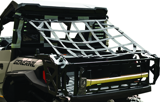 Kuryakyn Takrak cargo net for SXS and motorcycle, featuring secure straps for reliable powersports cargo transportation.