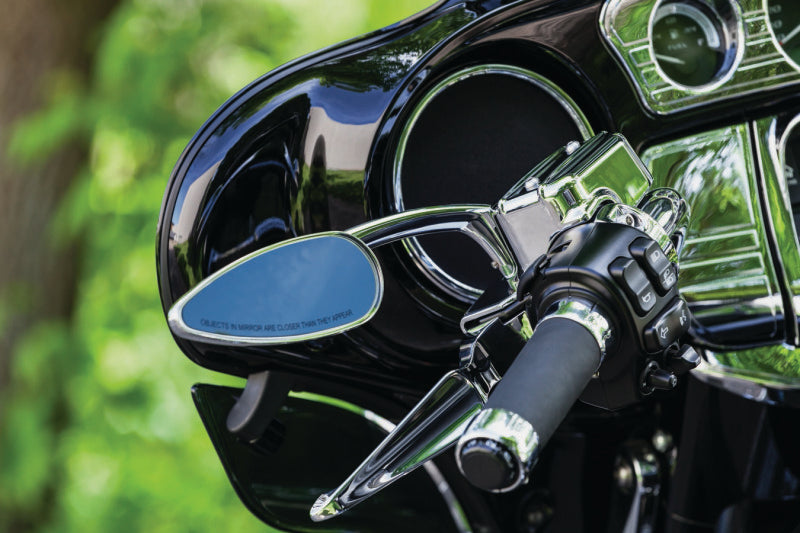 Chrome Kuryakyn Teardrop Mirrors with 5-inch wide convex glass for improved rear visibility on motorcycles.