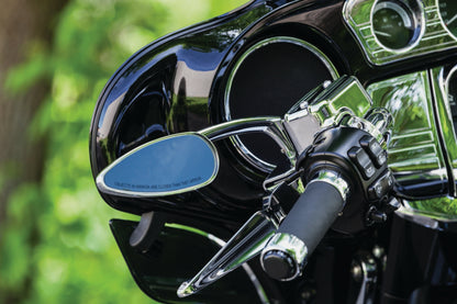 Chrome Kuryakyn Teardrop Mirrors with 5-inch wide convex glass for improved rear visibility on motorcycles.