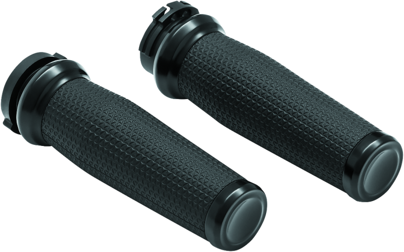 Black Kuryakyn Thresher Grips with dual cables and ergonomic shark tooth design for powersports vehicles.
