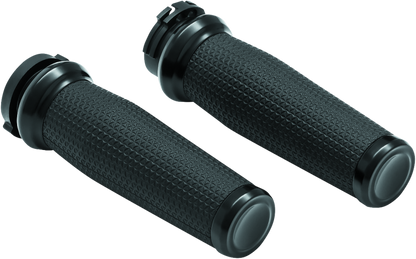 Black Kuryakyn Thresher Grips with dual cables and ergonomic shark tooth design for powersports vehicles.