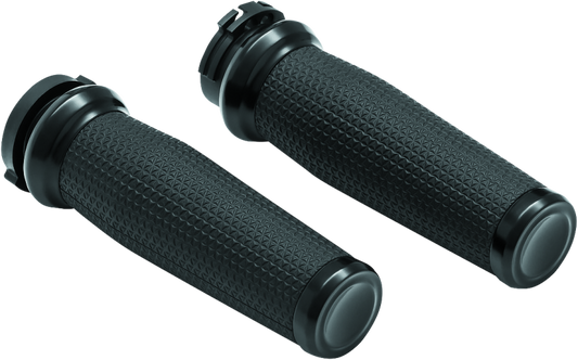 Black Kuryakyn Thresher Grips with dual cables and ergonomic shark tooth design for powersports vehicles.