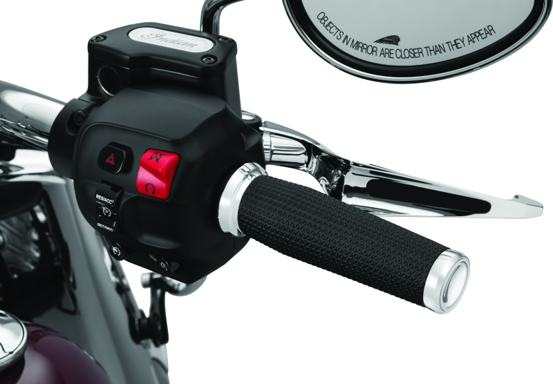 Kuryakyn Thresher grips in chrome for 2014-2017 Indian motorcycle models, featuring textured design and ergonomic shape.