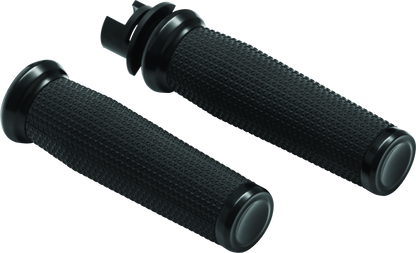 Black Kuryakyn Thresher grips installed on Indian Motorcycle handlebars, designed for 2014-2017 models.