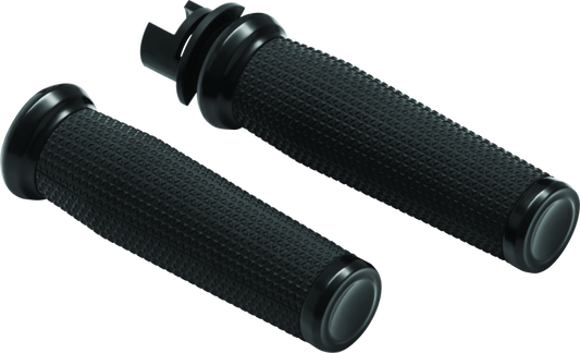 Black Kuryakyn Thresher grips installed on Indian Motorcycle handlebars, designed for 2014-2017 models.