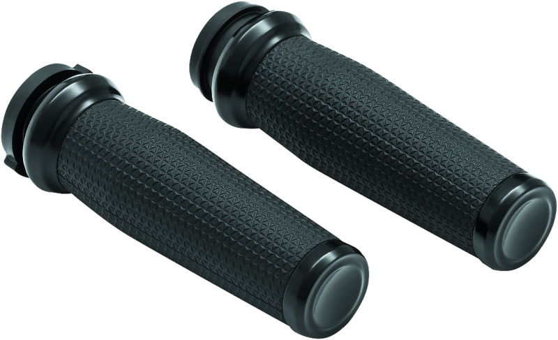 Black Kuryakyn Thresher grips with shark tooth knurling, ergonomic throttle-by-wire design, ideal for powersports motorcycles.