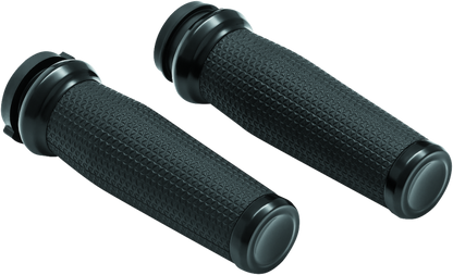 Black Kuryakyn Thresher grips with shark tooth knurling, ergonomic throttle-by-wire design, ideal for powersports motorcycles.