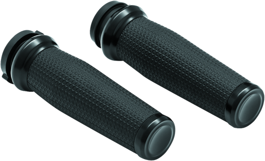 Black Kuryakyn Thresher grips with shark tooth knurling, ergonomic throttle-by-wire design, ideal for powersports motorcycles.