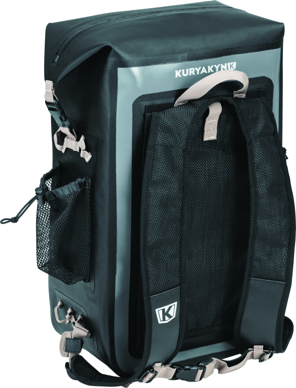 Kuryakyn Torke 25L Dry Waterproof Motorcycle Backpack with reflective logos and versatile storage for riders.