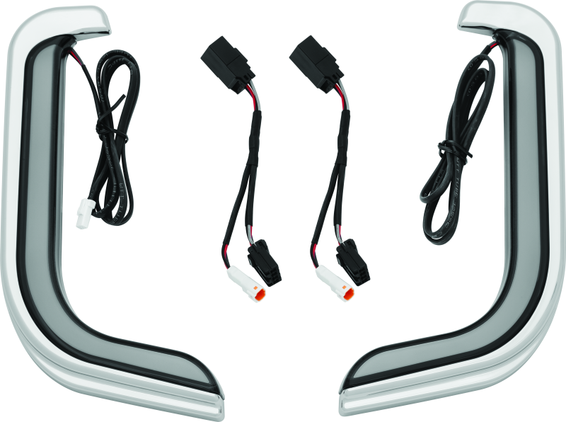 Kuryakyn Tracer LED Fairing Lower Accents in chrome installed on Harley Davidson Touring motorcycle, highlighting sleek LED design and shiny finish.