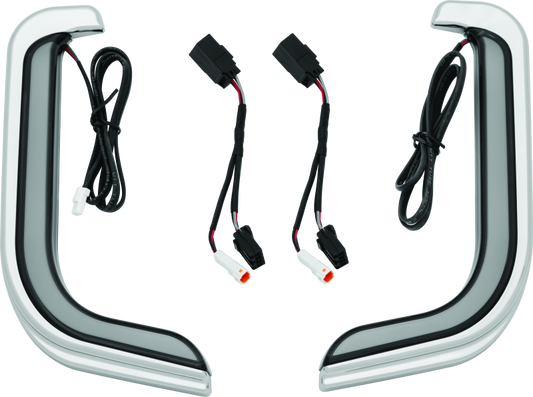 Kuryakyn Tracer LED Fairing Lower Accents in chrome installed on Harley Davidson Touring motorcycle, highlighting sleek LED design and shiny finish.