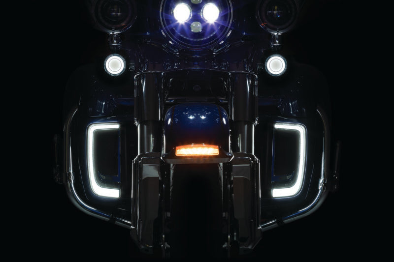Kuryakyn Tracer LED front turn signal insert for Harley Davidson FLHX and FLTR models 2008-2015, installed in motorcycle front fairing.